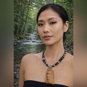 Fossil ivory Alaska intricately handcarved otter goddess Sterling necklace beads